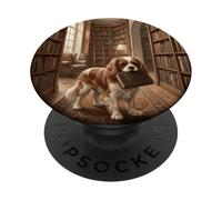 Scena di lettura del libro del cane della biblioteca di Cavalier Spaniel PopSockets PopGrip Adesivo