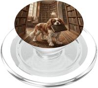 Scena di lettura del libro del cane della biblioteca di Cavalier Spaniel PopSockets PopGrip per MagSafe