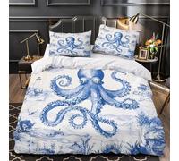 Scena di mare con polpo Set Di Copripiumino 3 pezzi morbida microfibra stampa di 3D con cerniera con federe per cuscini Blu Monocromatico Costiero copripiumino for coppie e adulti Single（140x200cm）