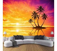 Scena Di Tramonto Tropicale Carta Da Parati - Sagome Di Palme Adesivo Tessuto Di Seta Murale,Per Camera Da Letto Soggiorno Sala Da Pranzo 300L × 210A Cm,Colore Arancione