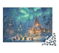 Scena di villaggio invernale con aurore boreali colorate e baita - Puzzle da 1000 pezzi per adulti - Divertimento e rompicapo per la casa - 52x38cm/1000pcs