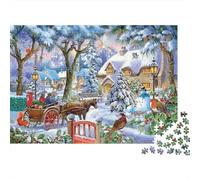 Scena di villaggio invernale, puzzle da 1000 pezzi in cartone riciclato al 100%, villaggio nella foresta invernale, attività divertente per adulti per le giornate di pioggia, 70x50 cm/1000 pezzi