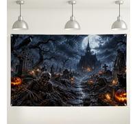 Scena gotica del cimitero infestato sfondo scheletro banner 180,3 x 109,2 | Architettura della cattedrale gotica, sfondo fotografico, Jack-o'-lanterne incandescenti, corvo misterioso