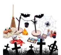 Scena in miniatura della casa delle bambole di Halloween - Set di figurine di pipistrello con teste di teschi di zucca da 27 pezzi,Miniature per case delle bambole per artigianato fai-da-te di paesagg