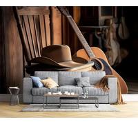 Scena Musicale Country Retrò Carta Da Parati - Chitarra Acustica Sedia Di Legno Adesivo Tessuto Di Seta Murale,Per Camera Da Letto Soggiorno Sala Da Pranzo 450L × 315A Cm,Marrone
