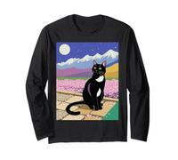 Scena Notturna con Gatto Nero, Fiori di ciliegio, Luna, Montagna Maglia a Manica