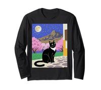 Scena Notturna con Gatto Nero, Fiori di ciliegio, Luna, Montagna Maglia a Manica