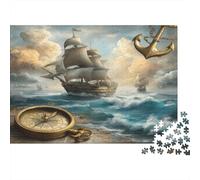 Scena oceanica con barca a vela Puzzle 1000Pcs Stile artistico nautico vintage Decorazione Per La Casa. Rilassamento E Intelligence Per Adulti E Bambini Da 14 Anni 52x38cm/1000pcs