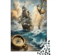 Scena oceanica con barca a vela Stile artistico nautico vintage Puzzle Sostenibili Con Motivi Per Adulti Da Gioco in Legno Di Alta Qualità 70x50cm/1000pcs