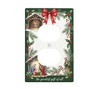 Scena religiosa religiosa citazione natalizia Duplex Outlet Cover Piastra | Stile acquerello, tema religioso, accenti fiocco rosso, rami di pino, bacche di agrifoglio, stalla invernale