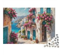 Scena Strada Mediterranea Puzzle 1000 Pezzi Difficile per Adulti Affascinante Strada Costiera Costellata di Fiori Vividi Premium Robusto Alta Qualità Vivace Stimolante Antistress 38x26cm/1000pz