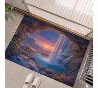Scenario Da Sogno Zerbino per interni ed esterni, Blu-Viola zerbino decorativo con Tramonto Sulla Cascata Nella Grotta, antiscivolo per decorazione di porte, 90 x 150 cm