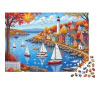 Scenario Porto Autunnale Puzzle da Viaggio da 1000 Pezzi per Adulti, Faro, Lago, Barche a Vela, Autunno, Premium, Spesso, Resistente, Alta Qualità, Stimolante, Antistress 52x38cm/1000pz