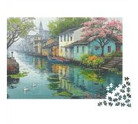 Scenario Villaggio Canale Puzzle Premium da 1000 Pezzi per Adulti, Case sul Canale, Riflesso Acqua, Spesso, Resistente, Alta Qualità, Vivace, Stimolante, Difficile, Antistress 38x26cm/1000pz