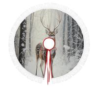 Scène De Forêt Enneigée Jupe De Sapin De Noël - Grande Ronde Tapis Couvre-Pied Dessous De Sapin Couverture Ronde Avec Motif Cerf Majestueux - Brun - 122cm