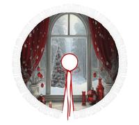 Scène De Forêt Par La Fenêtre Jupe De Sapin De Noël - Grande Ronde Tapis Couvre-Pied Dessous De Sapin Couverture Ronde Avec Éléments Sapin Noël En Forme Flocons Neige - Blanc - 122cm