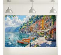 Scenico sfondo di città sul lago, decorazione artistica da parete colorata con villaggio costiero, perfetto per eventi fotografici, riunioni estive, ritratti all'aperto, 180 x 109 cm