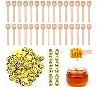 Scettar Miele Bastoncini Legno,30 Pezzi Spargimiele in Legno con 30 PCS Piccola Ape Mini Decorazioni Resina,Stick del Miele Dipper per Bomboniere Compleanno Matrimonio