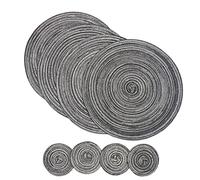 SCF2017 Tovagliette rotonde in cotone intrecciato, resistenti al calore, tovagliette da tavola da 38 cm e sottobicchieri da 11 cm, set da 4, nero