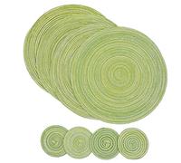 SCF2017 Tovagliette Rotonde Tovaglietta Americana in Cotone Intrecciato, Resistenti al Calore, 38 cm e Sottobicchieri da 11 cm, Set da 4, Verde