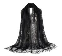 Schal-Mtze fr Damen, mit Spitzendetails, Fransen, aus Spitze, Sommer, Strand und Freizeit, kalte Tage, leicht zu tragen, als ergänzendes Accessoire, klarer Form, Reisen, Nero , Taglia unica
