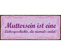 Schatzmix Blechschild Spruch Muttersein Ist Eine Liebesgeschichte… Metallschild Wanddeko 27x10cm Tin Sign Targa di Metallo da Parete, Lamiera, Multicolore, 27x10 cm