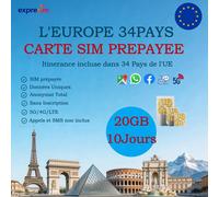 Scheda SIM Data Unico Europa 34 Paesi 20GB in 10 Giorni Prepagata senza impegno