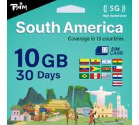 Scheda SIM TSIM Sud America 30 giorni - 10 GB | Rete multi-operatore 5G/4G (hotspot consentito) | Utilizzabile in Brasile, Cile, Colombia, Argentina, Ecuador e altri Paesi | Attivazione automatica.
