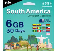 Scheda SIM TSIM Sud America 30 giorni - 6 GB | Rete multi-operatore 5G/4G (hotspot consentito) | Utilizzabile in Brasile, Cile, Colombia, Argentina, Ecuador e altri Paesi | Attivazione automatica.