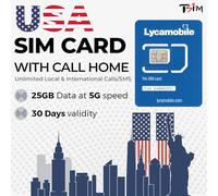 Scheda SIM USA per viaggi - 25 GB dati 5G, Chiamate/SMS locali e internazionali illimitati | Piano prepagato di 30 giorni | Hotspot/Tethering consentito - Chiamate gratuite verso casa!