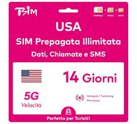 Scheda SIM USA valida per 14 giorni. Rete T-Mobile con dati illimitati ad alta velocità su 5G/4G/LTE | Chiamate e SMS locali illimitati negli Stati Uniti (inclusa Hawaii). Scheda SIM 5G!