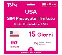 Scheda SIM USA valida per 15 giorni. Rete T-Mobile con dati illimitati ad alta velocità su 5G/4G/LTE | Chiamate e SMS locali illimitati negli Stati Uniti (inclusa Hawaii). Scheda SIM 5G!