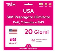 Scheda SIM USA valida per 20 giorni. Rete T-Mobile con dati illimitati ad alta velocità su 5G/4G/LTE | Chiamate e SMS locali illimitati negli Stati Uniti (inclusa Hawaii). Scheda SIM 5G!
