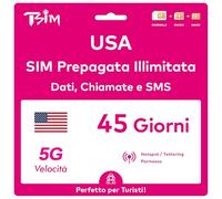 Scheda SIM USA valida per 45 giorni. Rete T-Mobile con dati illimitati ad alta velocità su 5G/4G/LTE | Chiamate e SMS locali illimitati negli Stati Uniti (inclusa Hawaii). Scheda SIM 5G!