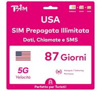 Scheda SIM USA valida per 87 giorni. Rete T-Mobile con dati illimitati ad alta velocità su 5G/4G/LTE | Chiamate e SMS locali illimitati negli Stati Uniti (inclusa Hawaii). Scheda SIM 5G!
