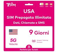 Scheda SIM USA valida per 9 giorni. Rete T-Mobile con dati illimitati ad alta velocità su 5G/4G/LTE | Chiamate e SMS locali illimitati negli Stati Uniti (inclusa Hawaii). Scheda SIM 5G!