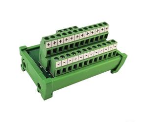 Scheda splitter per morsettiera di distribuzione dell'alimentazione montabile su guida DIN a 2 ingressi e 12 uscite, capacità totale 25 A, alloggiamento in PVC, verde, per industriale con