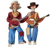 Scheletri animati di duello di Halloween, divertente chitarrista animato con occhi luminosi, decorazione per interni horror 2023, regalo animatronico di Halloween spirituale (rosso e giallo)