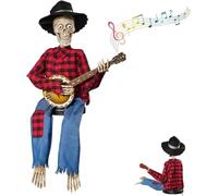 Scheletri di Banjo duellanti Animati Divertenti for Halloween, statuina di Chitarra con Musicisti scheletrici Country, for Decorazioni for Interni ed Esterni.(Red-No Light)