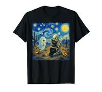 Scheletro abbracciato Gatto Van Gogh Halloween Fantasma Notte Stellata Maglietta