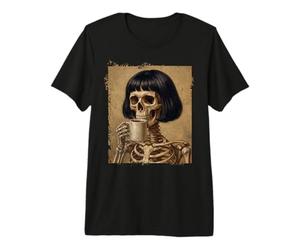 Scheletro Bob Hair Coffee Lover Macabre Humor Maglietta Premium