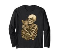 Scheletro Che abbraccia Gatto Seppia Art Gothic Pet Love Maglia a Manica