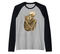 Scheletro Che abbraccia Gatto Seppia Art Gothic Pet Love Maglia con Maniche Raglan