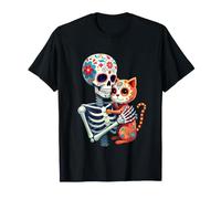 Scheletro Che abbraccia Il Gatto Sugar Skull Día Los Muertos Cat Lovers Maglietta
