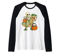 Scheletro Che cavalca la Mummia Dinosauro T Rex Zucca Divertente Halloween Maglia con Maniche Raglan