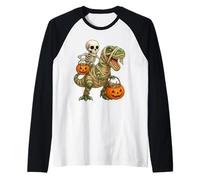 Scheletro Che cavalca la Mummia Dinosauro T Rex Zucca Divertente Halloween Maglia con Maniche Raglan