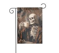 Scheletro che indossa una veste nero-marrone bere bandiera da giardino 30 x 45 cm verticale su entrambi i lati per fattoria vacanze decorazioni esterne bandiera cortile