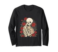 Scheletro con Gatto e Rose opere d'Arte Gotiche Halloween Maglia a Manica