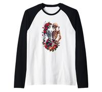 Scheletro coppia abbraccio, romantico fiore rosa tatuaggio disegno Maglia con Maniche Raglan