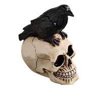 Scheletro di corvo appollaiato per Halloween, corvo appollaiato su teschio in resina, statuetta di scheletro di corvo per decorazione